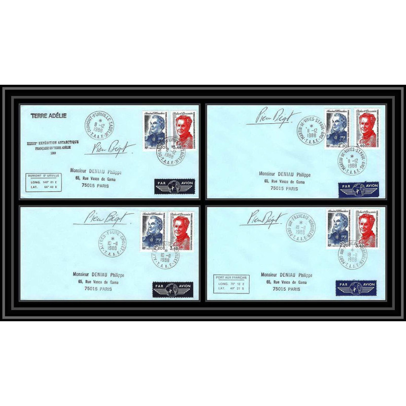 1171 lot de 4 Lettres cad différents Taaf terres australes Antarctic covers 1988 128 134-Signé signed BEQUET recommandé