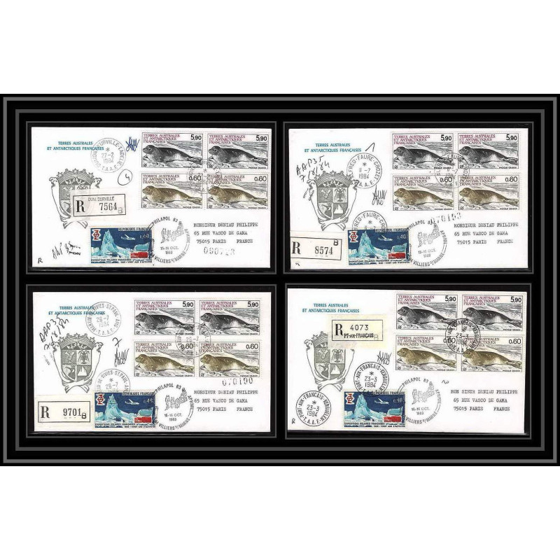 1180 lot 4 Lettres cad différents Taaf terres australes Antarctic covers 31 PHOQUES Signé signed 1984 seal recommandé