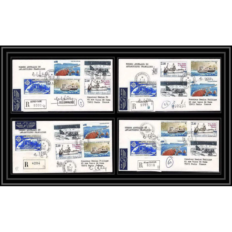 1185 lot 4 Lettres cad différents Taaf terres australes Antarctic covers bateau (bateaux ship) Signé signe recommandé