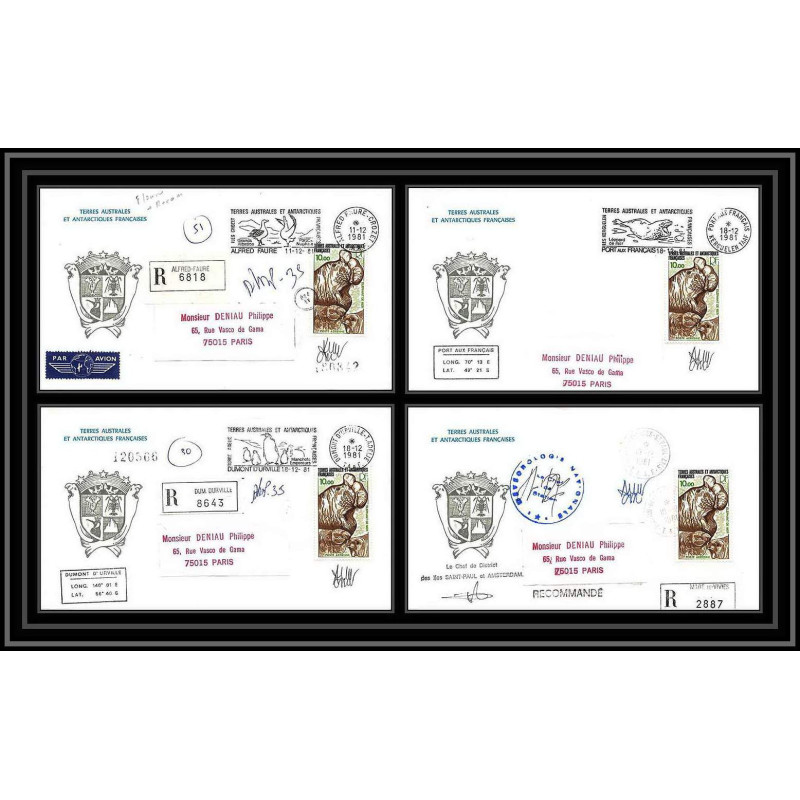 1187 4 Lettres cad différents Taaf terres australes Antarctic covers sea elephant de mer Signé signed 1981 recommandé