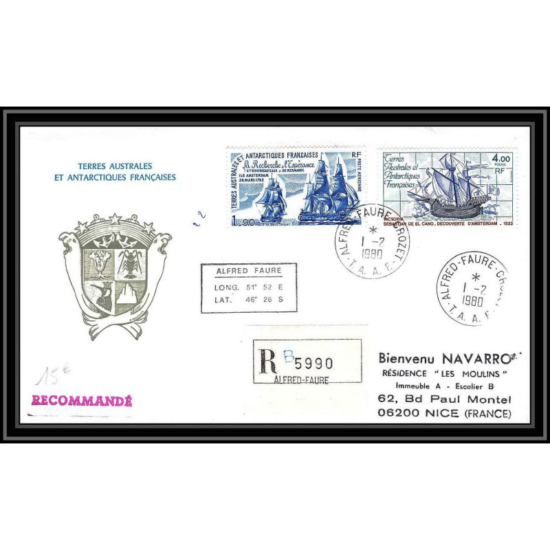 1200 1/2/1980 port aux francais kerguelen bateau (boat-SHIP) TAAF Antarctic terres australes Lettre (cover) recommandé