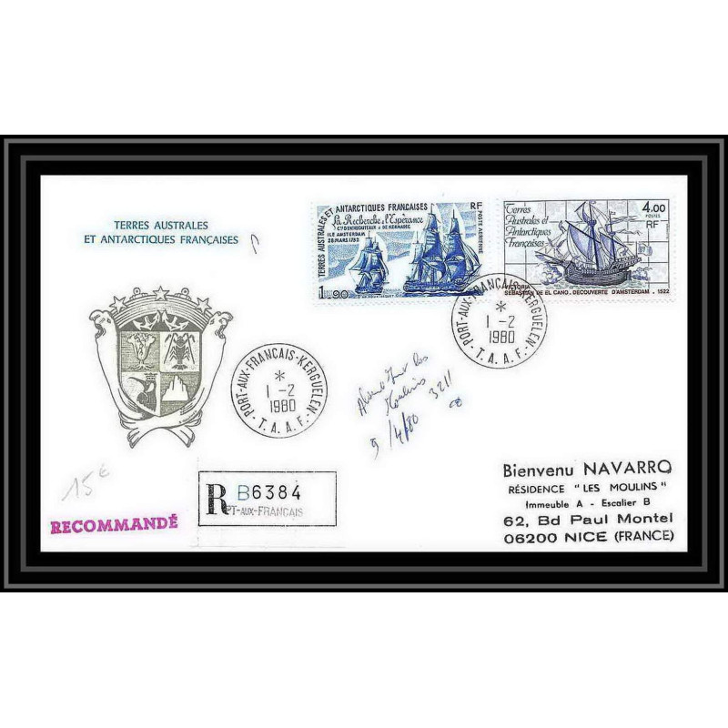 1201 1/2/1980 port aux francais kerguelen bateau (boat-SHIP) TAAF Antarctic terres australes Lettre (cover) recommandé