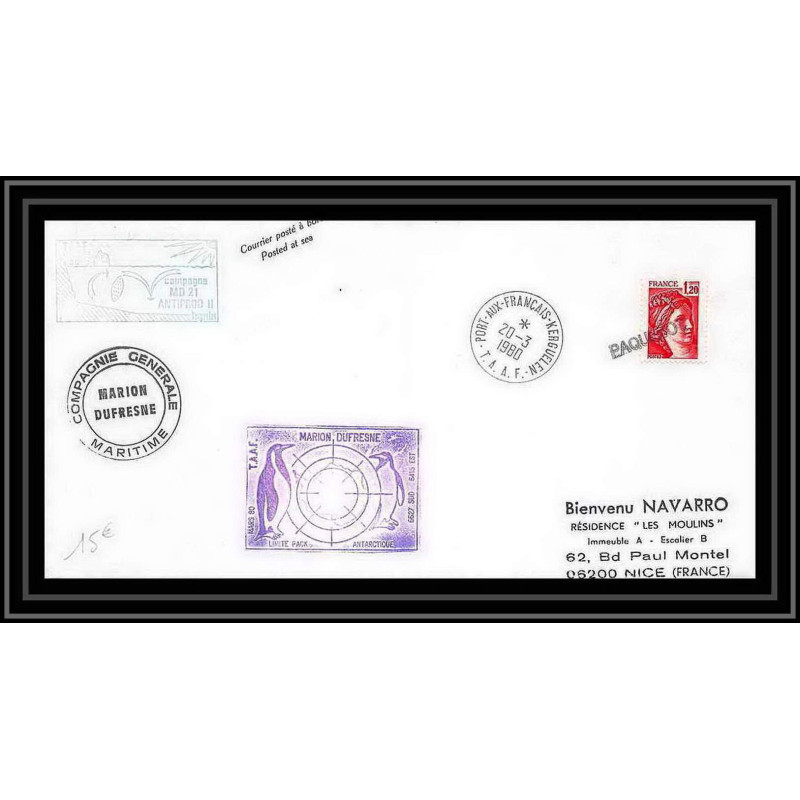 1202 20/3/1980 kerguelen obl paquebot campagne md21 antiprod 2 TAAF Antarctic terres australes Lettre (cover) paquebot
