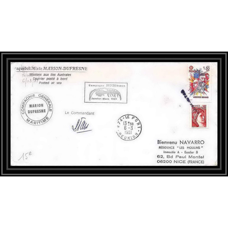 1206 paquebot marion dufresne md25 fibex 6/3/1981 TAAF Antarctic terres australes Lettre (cover) Signé signed