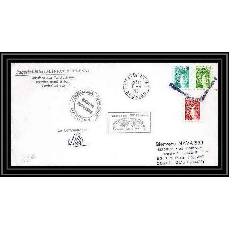 1209 paquebot marion dufresne md25 fibex 6/3/1981 TAAF Antarctic terres australes Lettre (cover) Signé signed