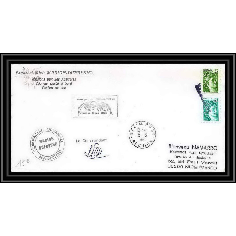 1210 paquebot marion dufresne md25 fibex 6/3/1981 TAAF Antarctic terres australes Lettre (cover) Signé signed