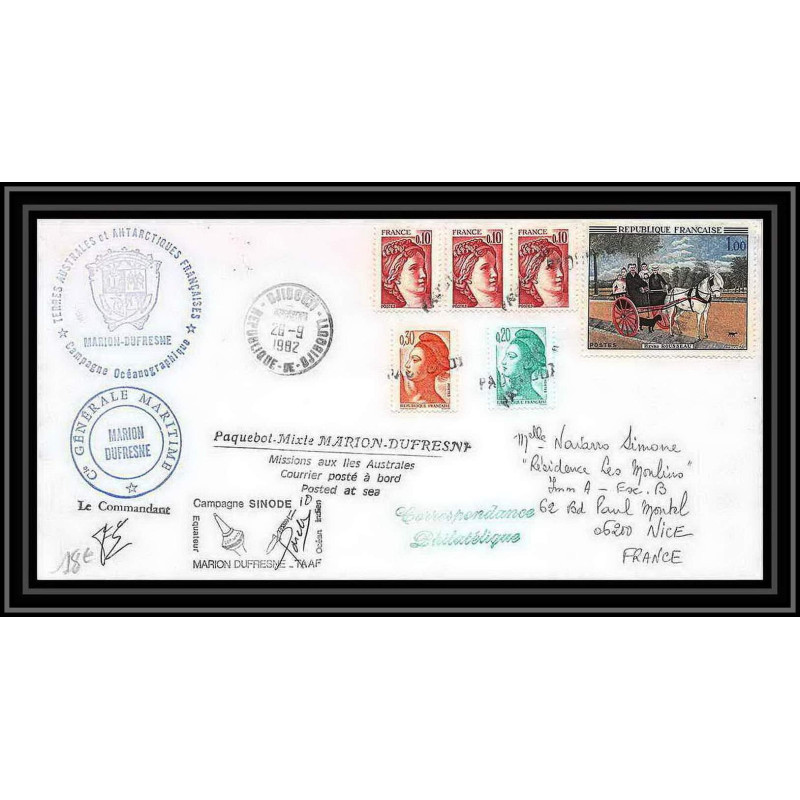 1218 campagne sinode 10 marion dufresne obl paquebot 1982 TAAF Antarctic terres australes Lettre (cover) Signé signed