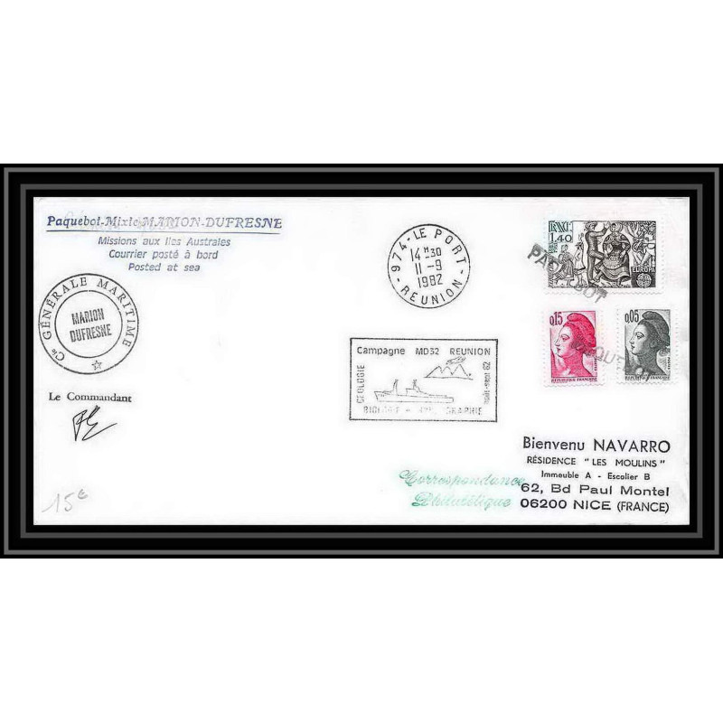 1221 campagne md32 reunion marion dufresne obl paquebot 1982 TAAF Antarctic terres australes Lettre (cover) Signé signed