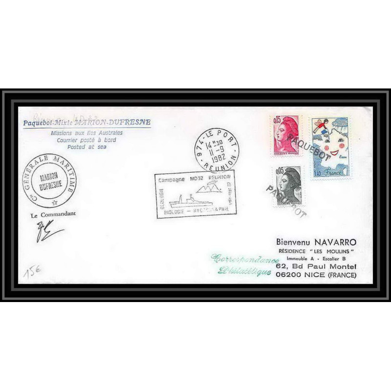 1222 campagne md32 reunion marion dufresne obl paquebot 1982 TAAF Antarctic terres australes Lettre (cover) Signé signed