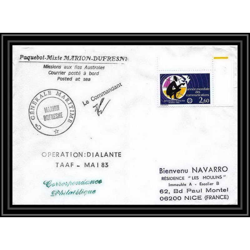 1253 opération dialante mai 1983 marion dufresne TAAF Antarctic terres australes Lettre (cover) Signé signed