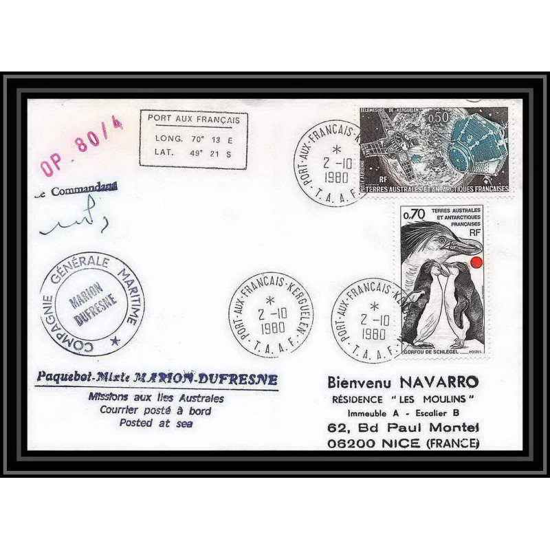 1256 marion dufresne kerguelen 2/10/1980 TAAF Antarctic terres australes Lettre (cover) Signé signed