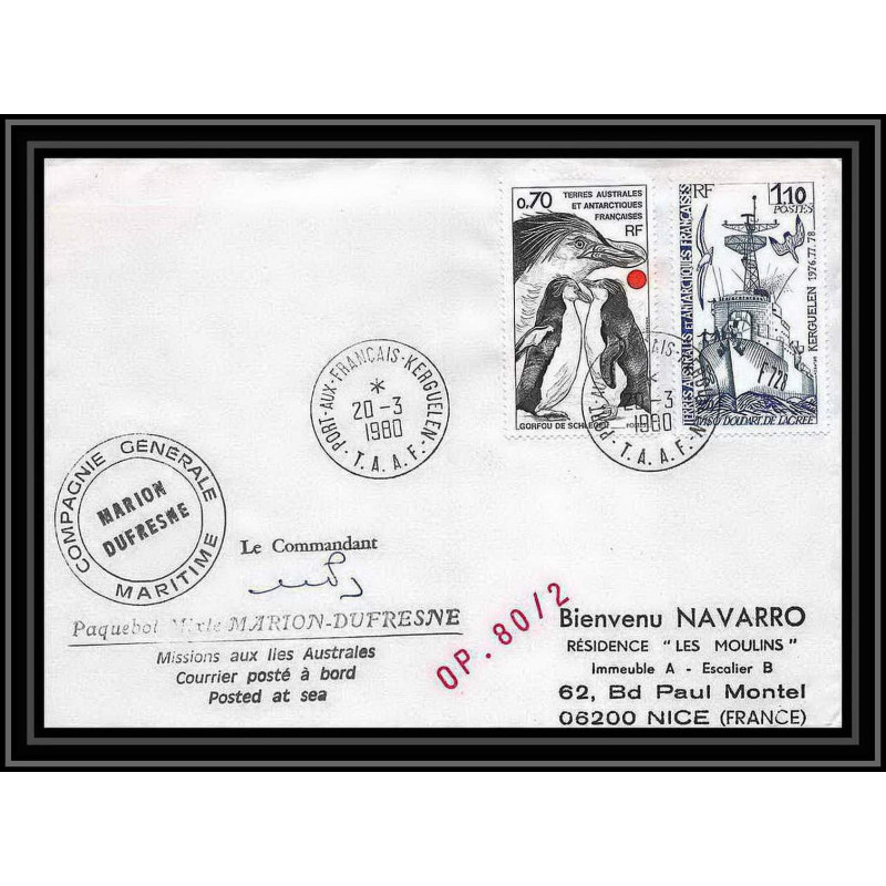 1258 marion dufresne kerguelen 20/3/1980 TAAF Antarctic terres australes Lettre (cover) Signé signed