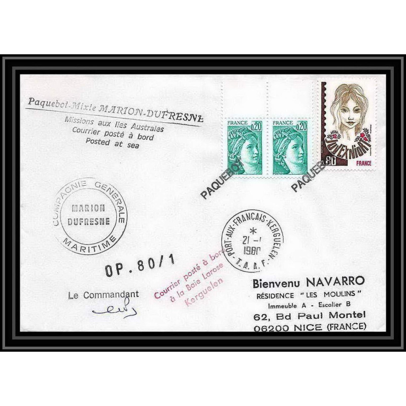 1260 marion dufresne kerguelen 20/1/1980 paquebot TAAF Antarctic terres australes Lettre (cover) Signé signed