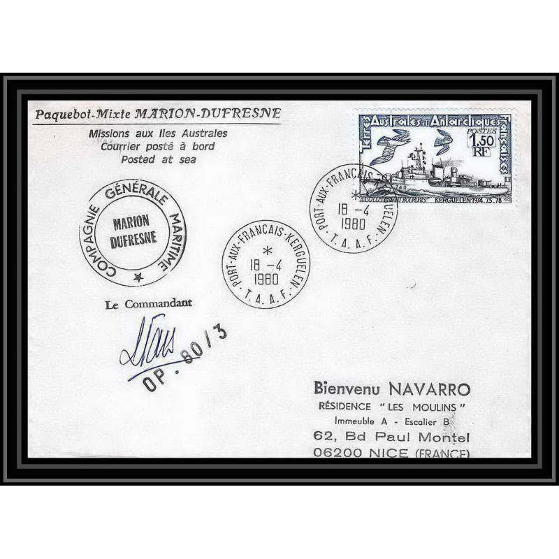 1293 marion dufresne 18/4/1980 Signé signed TAAF Antarctic terres australes Lettre (cover)