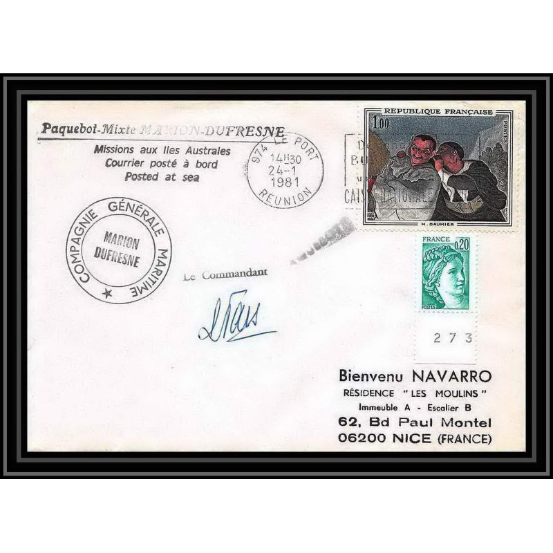 1308 marion dufresne la reunion 24/1/1981 Signé signed TAAF Antarctic terres australes Lettre (cover)