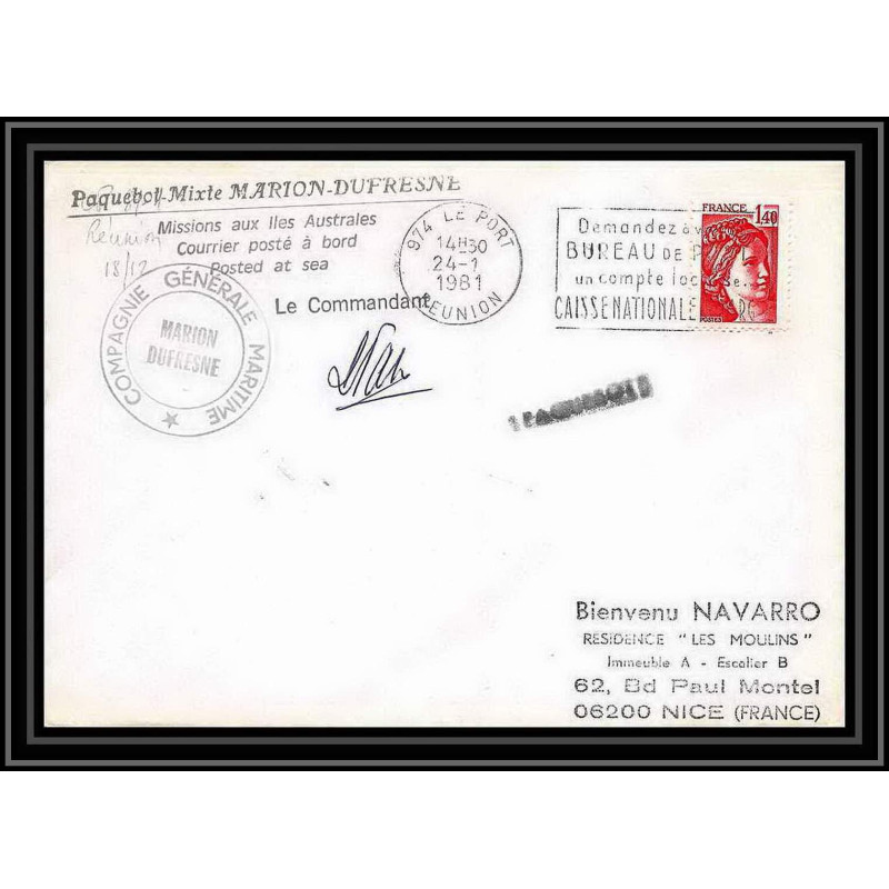 1309 marion dufresne la reunion 24/1/1981 Signé signed TAAF Antarctic terres australes Lettre (cover)