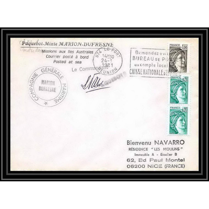 1312 marion dufresne la reunion 24/1/1981 Signé signed TAAF Antarctic terres australes Lettre (cover)