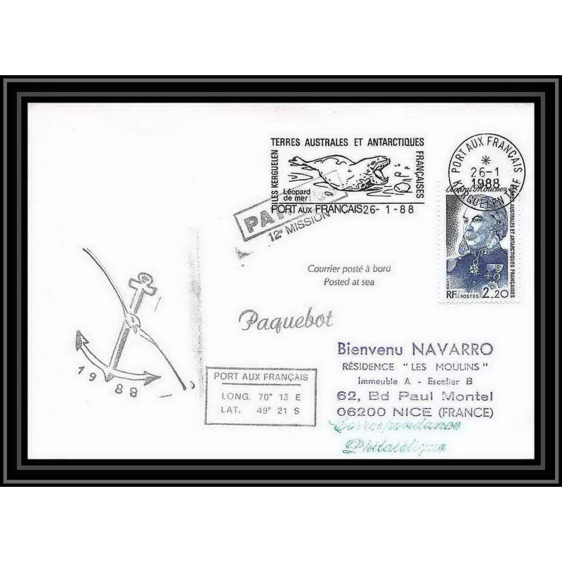 1339 mission 12 26/1/1988 kerguelen paquebot TAAF Antarctic terres australes Lettre (cover)