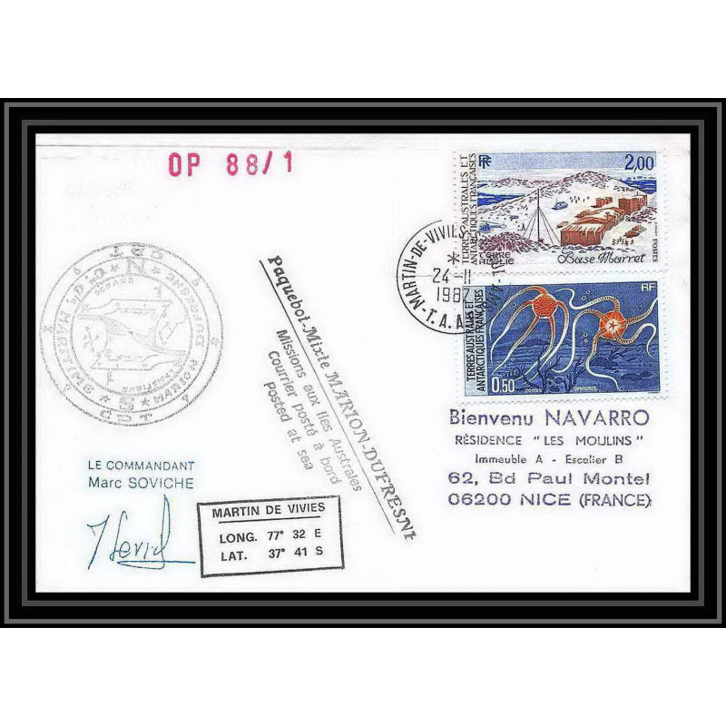 1340 marion dufresne Signé signed soviche 24/11/1987 TAAF Antarctic terres australes Lettre (cover)