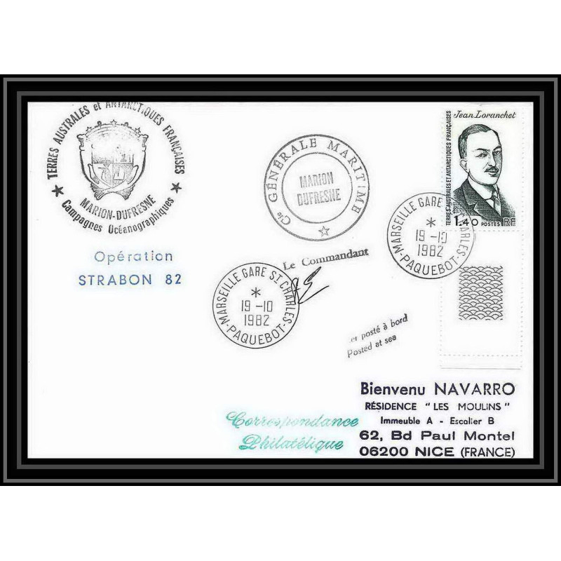 1343 opération strabon 82 marion dufresne 19/10/1982 Signé signed TAAF Antarctic terres australes Lettre (cover)