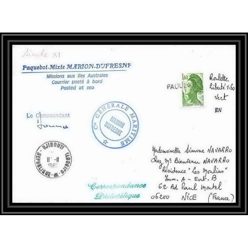 1348 campagne sinode 11 marion dufresne 11/11/1982 obl paquebot Signé signed TAAF Antarctic terres australes Lettre (cov