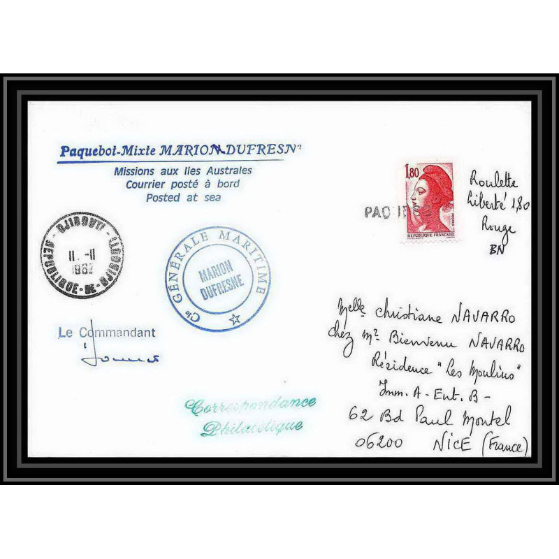 1351 campagne sinode 11 marion dufresne 11/11/1982 obl paquebot Signé signed TAAF Antarctic terres australes Lettre (cov
