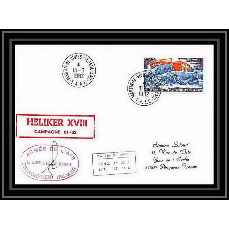 1353 heliker 17 armée de l air 18/3/1982 Signé signed TAAF Antarctic terres australes Lettre (cover)