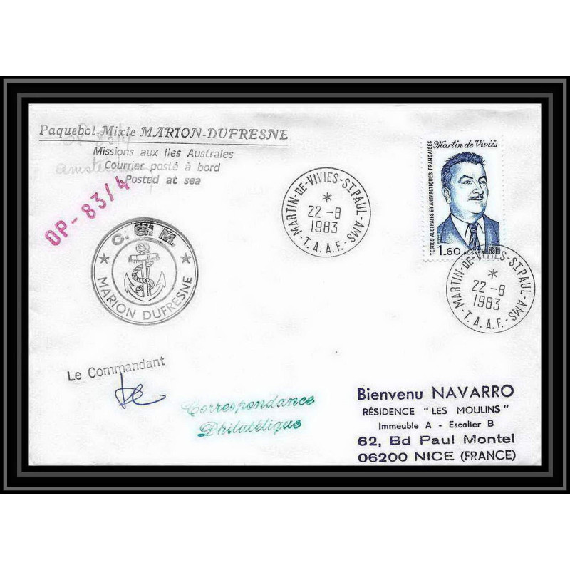 1362 marion dufresne Signé signed opération 83/4 22/8/1983 TAAF Antarctic terres australes Lettre (cover)