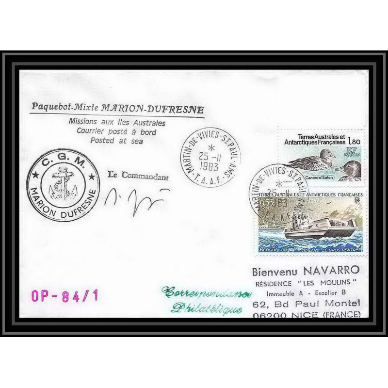1364 marion dufresne Signé signed opération 84/1 25/11/1983 TAAF Antarctic terres australes Lettre (cover)
