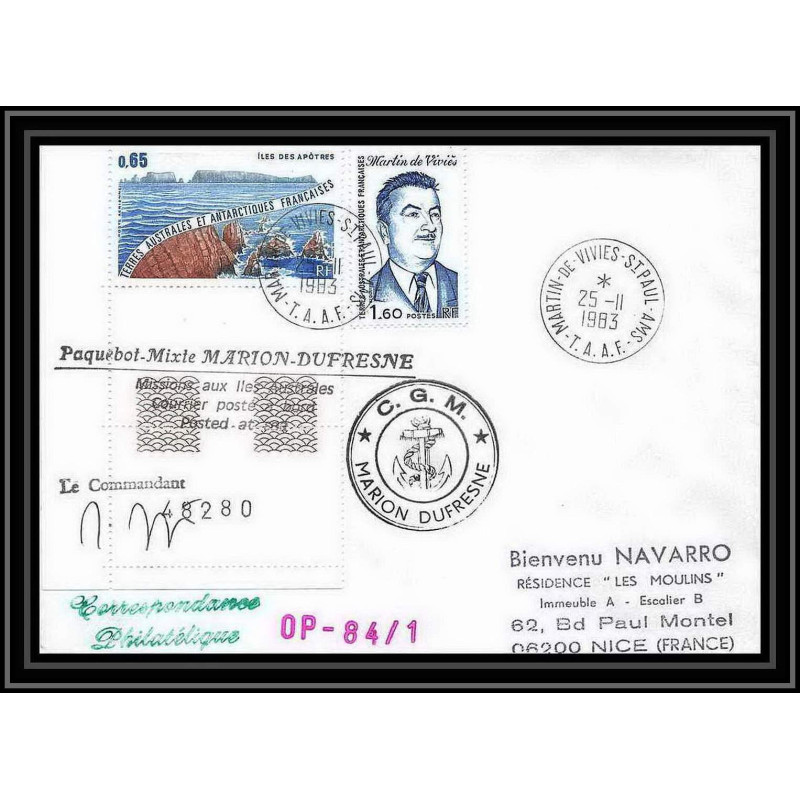 1366 marion dufresne Signé signed opération 84/1 25/11/1983 TAAF Antarctic terres australes Lettre (cover)