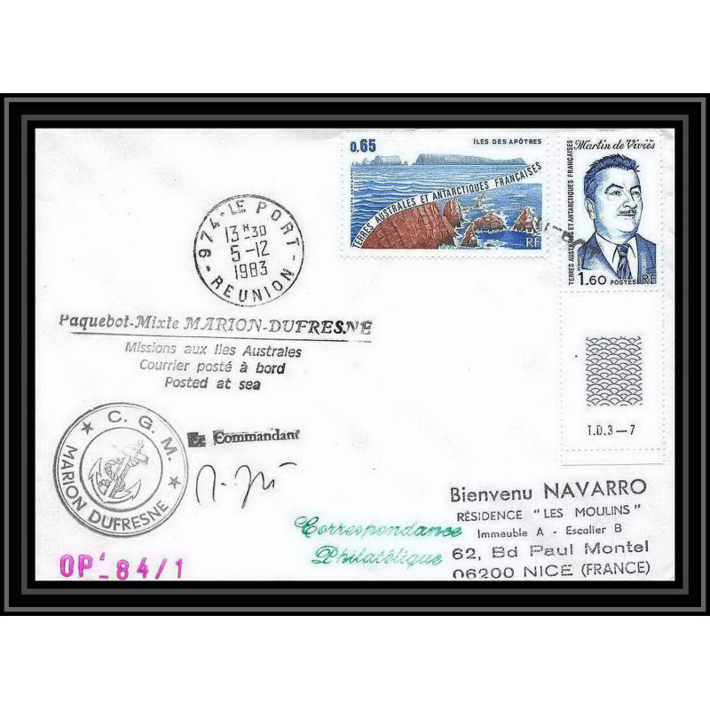1367 marion dufresne Signé signed opération 84/1 5/12/1983 TAAF Antarctic terres australes Lettre (cover)