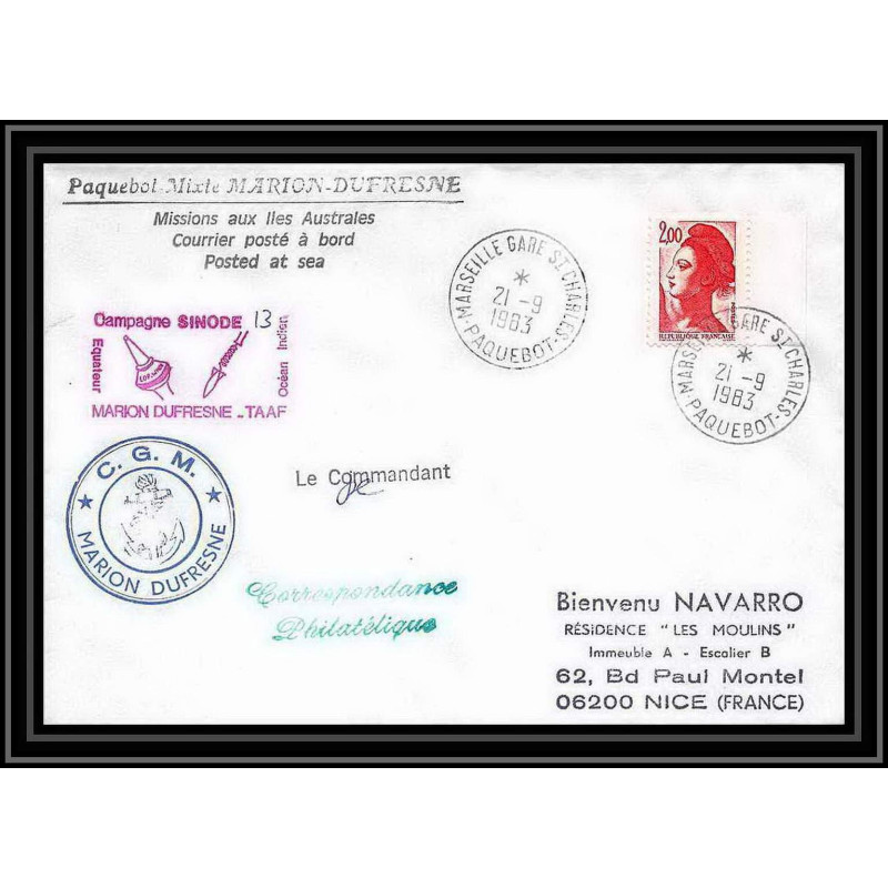 1385 campagne sinode 13 Signé signed marion dufresne 21/9/1983 TAAF Antarctic terres australes Lettre (cover)