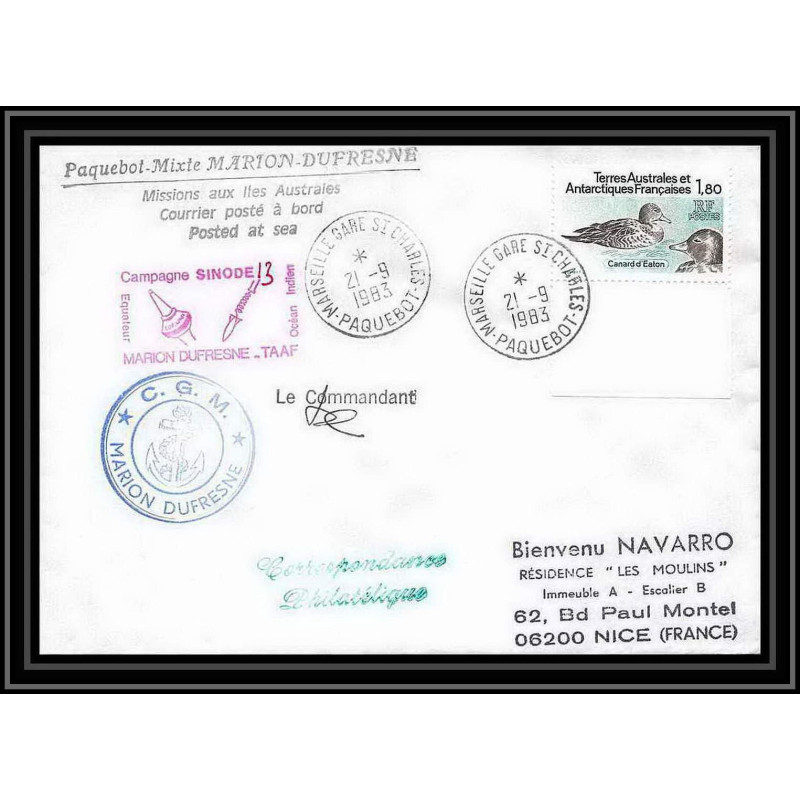 1391 campagne sinode 13 Signé signed marion dufresne 21/9/1983 TAAF Antarctic terres australes Lettre (cover)