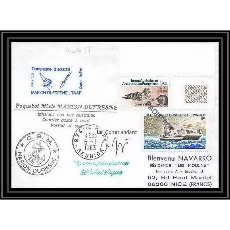 1396 campagne sinode 14 Signé signed dufresne 5/11/1983 obl paquebot TAAF Antarctic terres australes Lettre (cover)