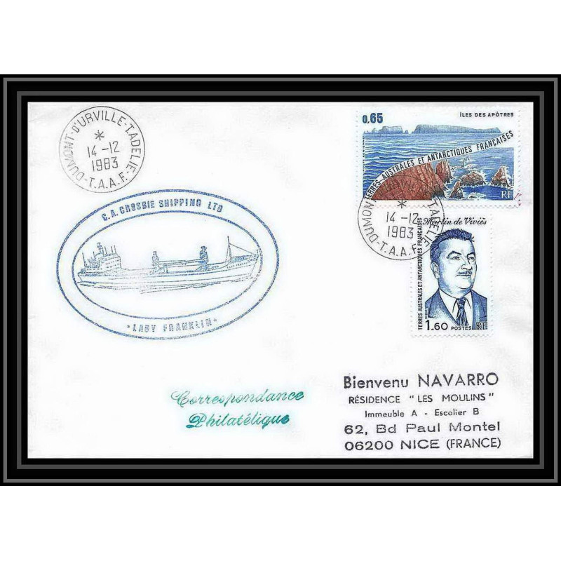 1404 lady franklin crosbie shipping 14/12/1983 TAAF Antarctic terres australes Lettre (cover)