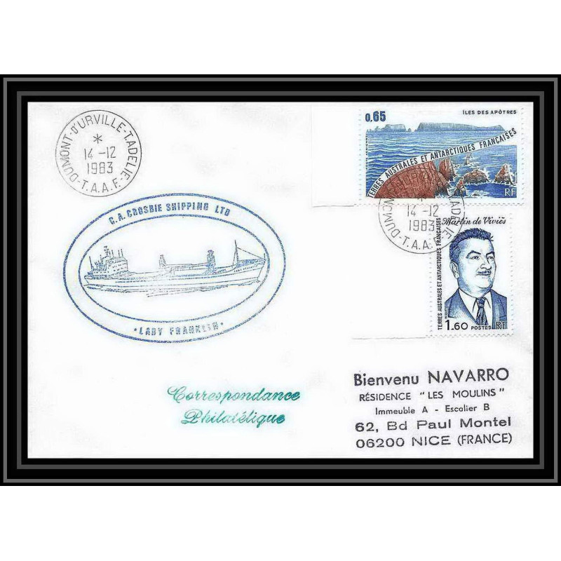 1405 lady franklin crosbie shipping 14/12/1983 TAAF Antarctic terres australes Lettre (cover)