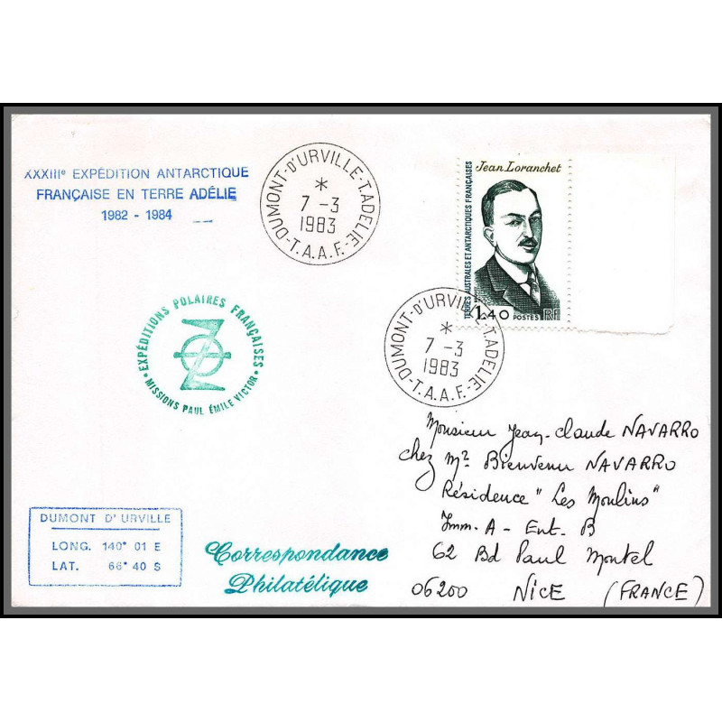 1413 33 ème expédition terre adelie dumont d'urville 7/3/1983 TAAF Antarctic terres australes Lettre (cover)