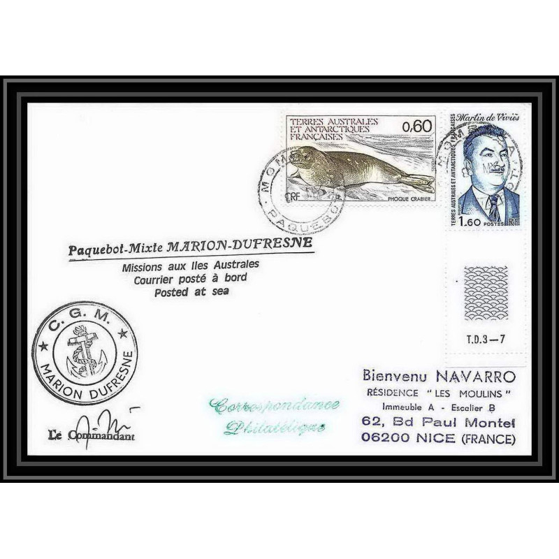 1414 marion dufresne mombat 1983 Signé signed TAAF Antarctic terres australes Lettre (cover)