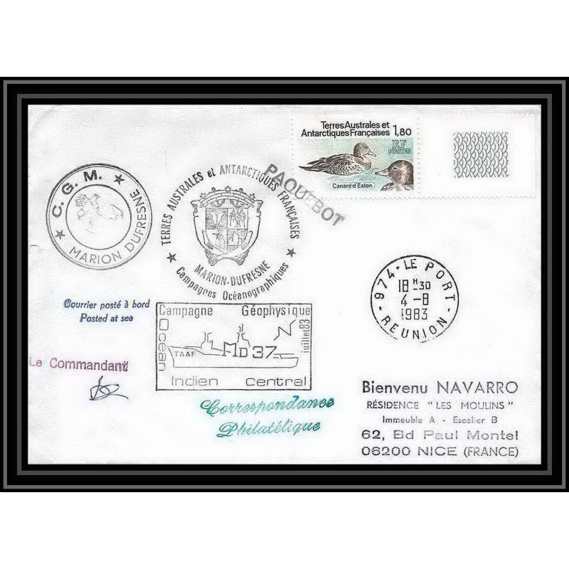 1417 marion dufresne md 37 la reunion 4/8/1983 obl paquebot Signé signed TAAF Antarctic terres australes Lettre (cover)