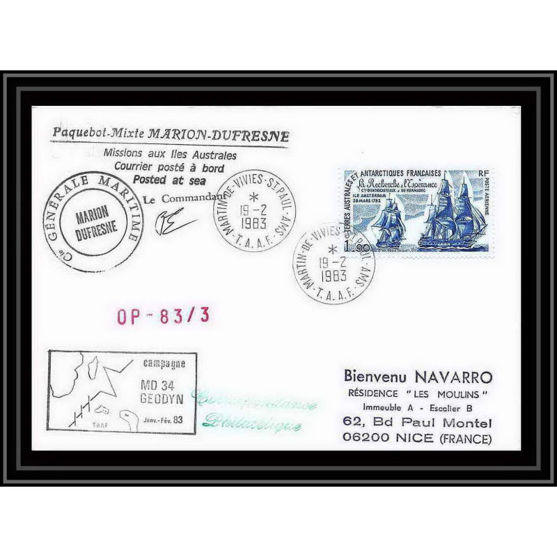 1426 marion dufresne md 34 geodyn 19/2/1983 Signé signed TAAF Antarctic terres australes Lettre (cover)