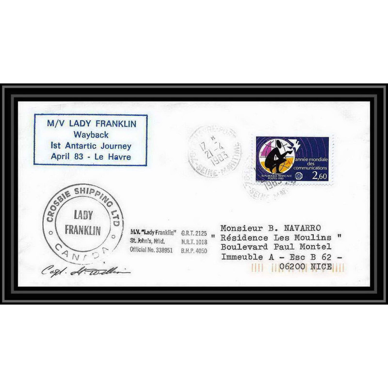 1435 lady franklin wayback canada 21/4/1983 TAAF Antarctic terres australes Lettre (cover) signé capitain signed