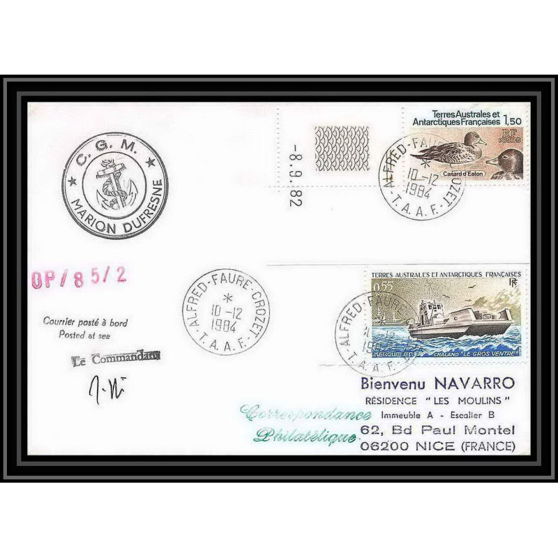 1437 marion dufresne op 85/2 10/12/1984 Signé signed TAAF Antarctic terres australes Lettre (cover) coin daté