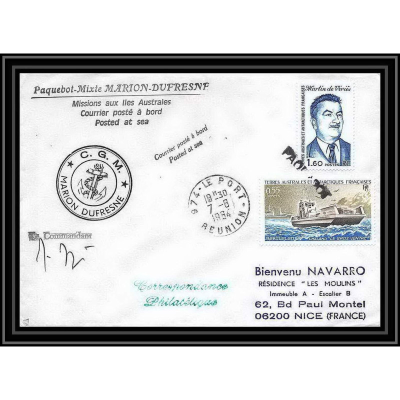 1439 marion dufresne 7/8/1984 obl paquebot Signé signed TAAF Antarctic terres australes Lettre (cover)