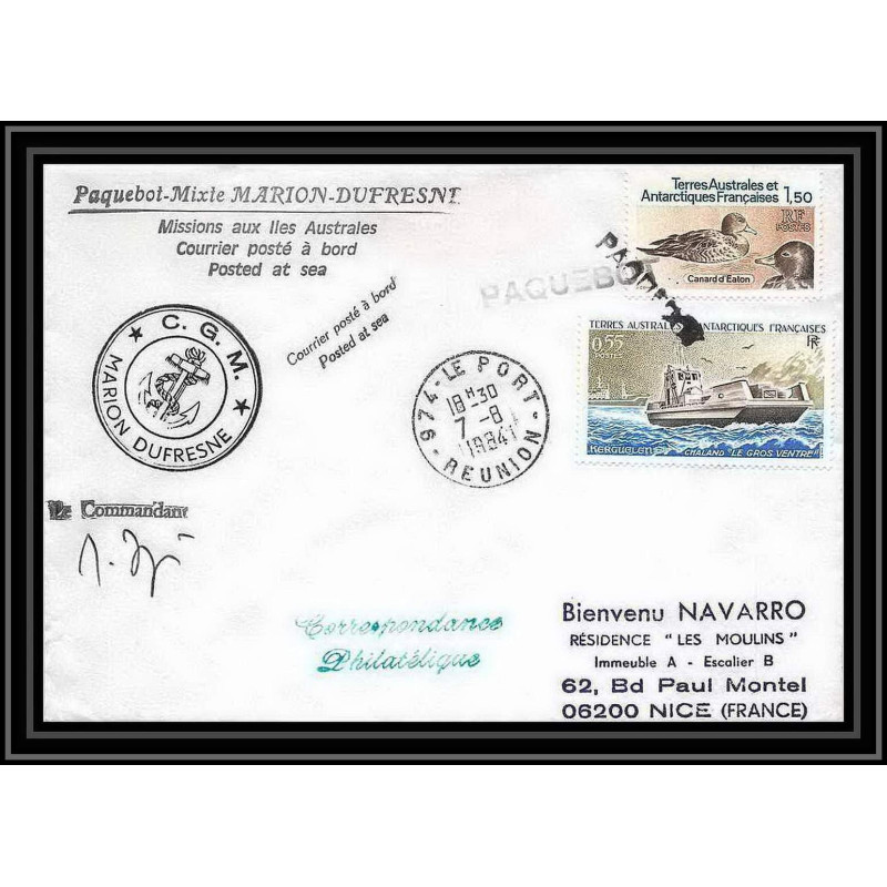 1441 marion dufresne 7/8/1984 obl paquebot Signé signed TAAF Antarctic terres australes Lettre (cover)