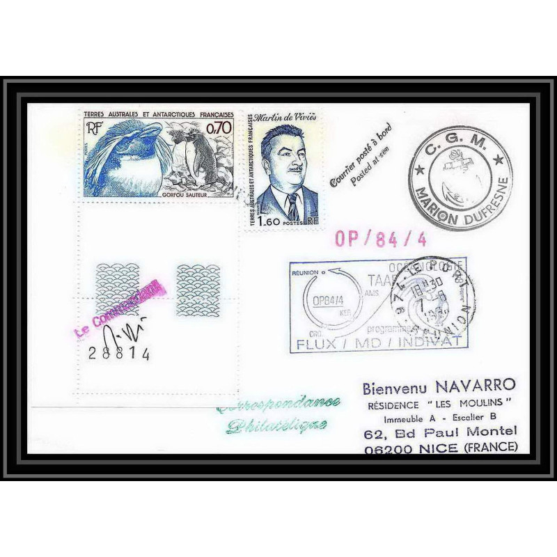 1444 indivat marion dufresne 7/8/1984 obl paquebot Signé signed TAAF Antarctic terres australes Lettre (cover)