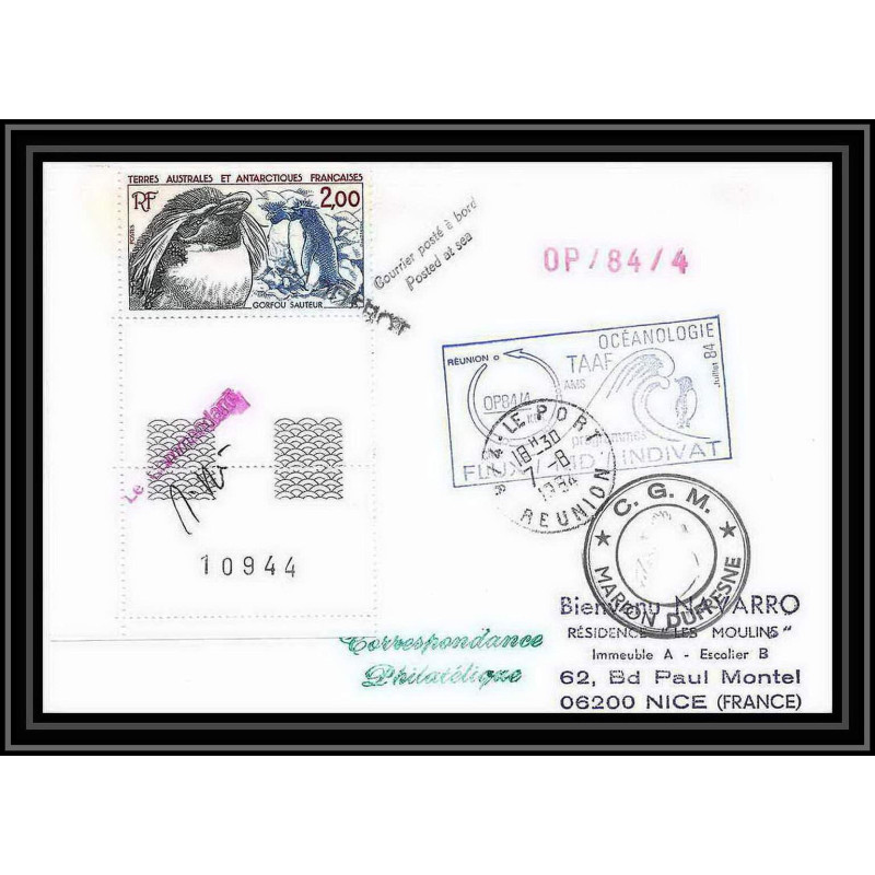 1445 indivat marion dufresne 7/8/1984 obl paquebot Signé signed TAAF Antarctic terres australes Lettre (cover)