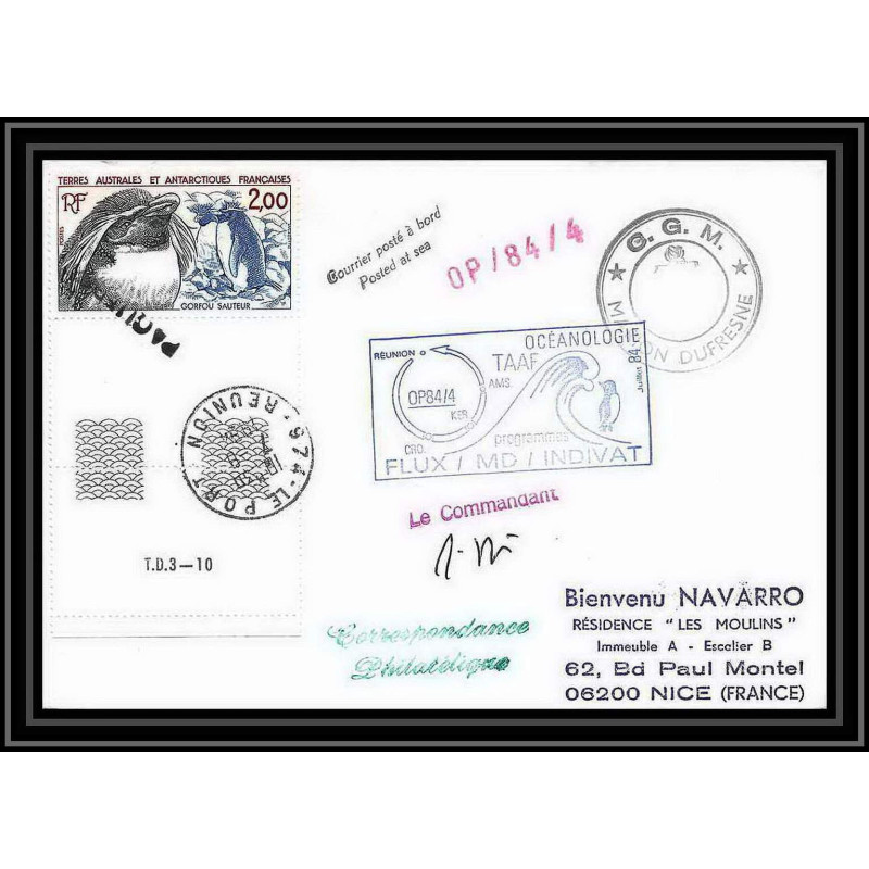 1446 indivat marion dufresne 7/8/1984 obl paquebot Signé signed TAAF Antarctic terres australes Lettre (cover)