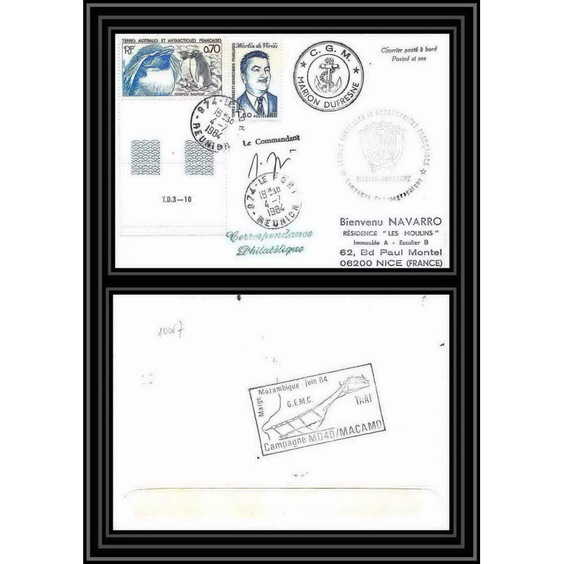 1456 campagne md 40 macamo marion dufresne 4/7/1984 Signé signed TAAF Antarctic terres australes Lettre (cover)