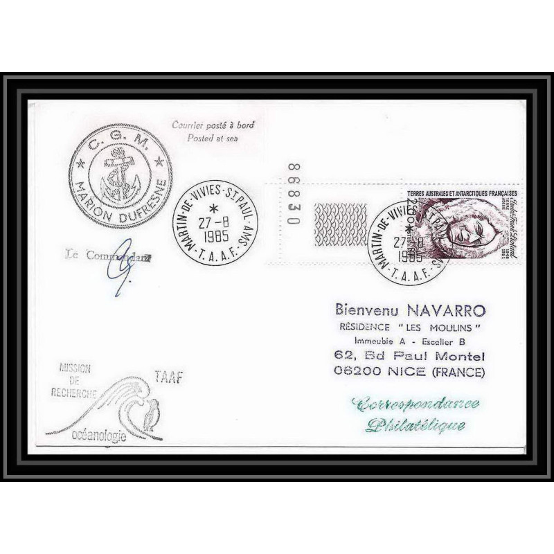 1472 mission de recherche océanologie 27/8/1985 Signé signed TAAF Antarctic terres australes Lettre (cover)
