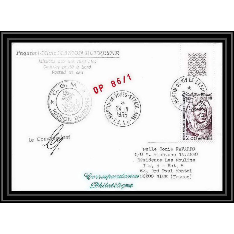 1473 marion dufresne op 86/1 Signé signed TAAF Antarctic terres australes Lettre (cover) coin de feuille